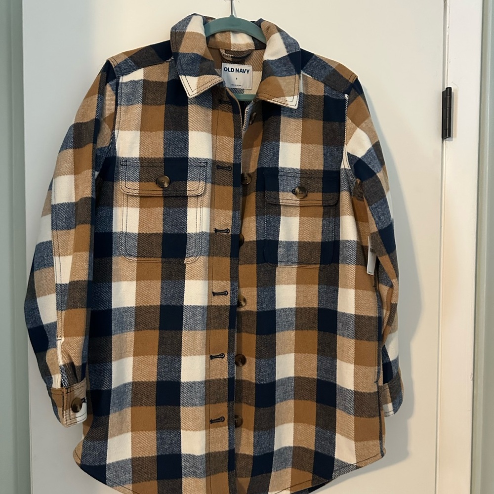Old Navy Women's Plaid Utility Jacket - Navy, Tan, White